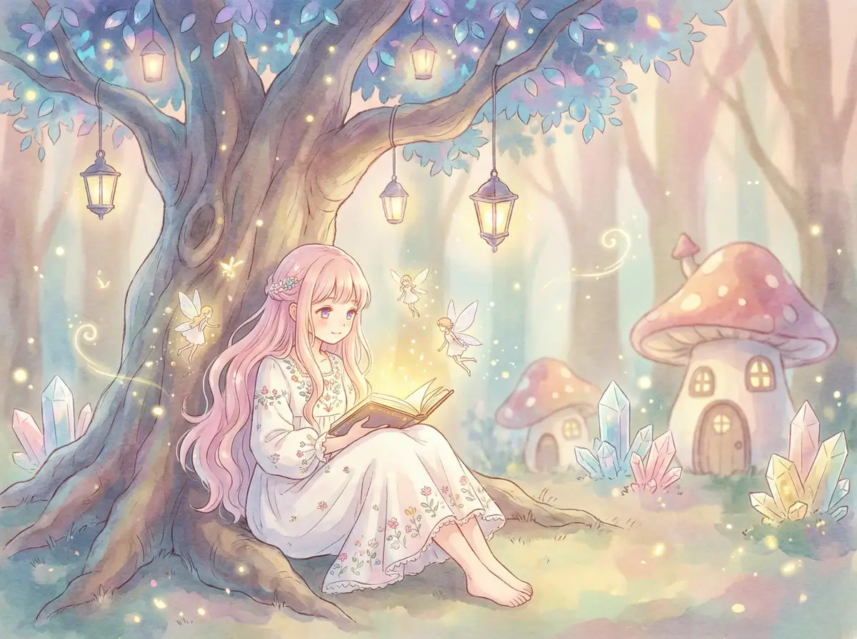 福利视频吧 - 魔法森林中阅读故事书的粉发少女与精灵